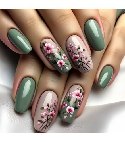 NA084 - Floral Flower Pattern Green Nails